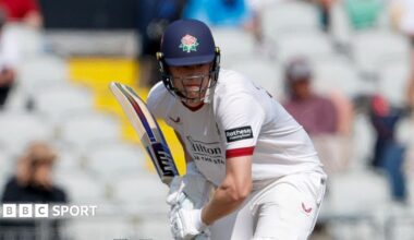 Rocky Flintoff batting for Lancashire at Northants as he prepares to play a front-foot shot
