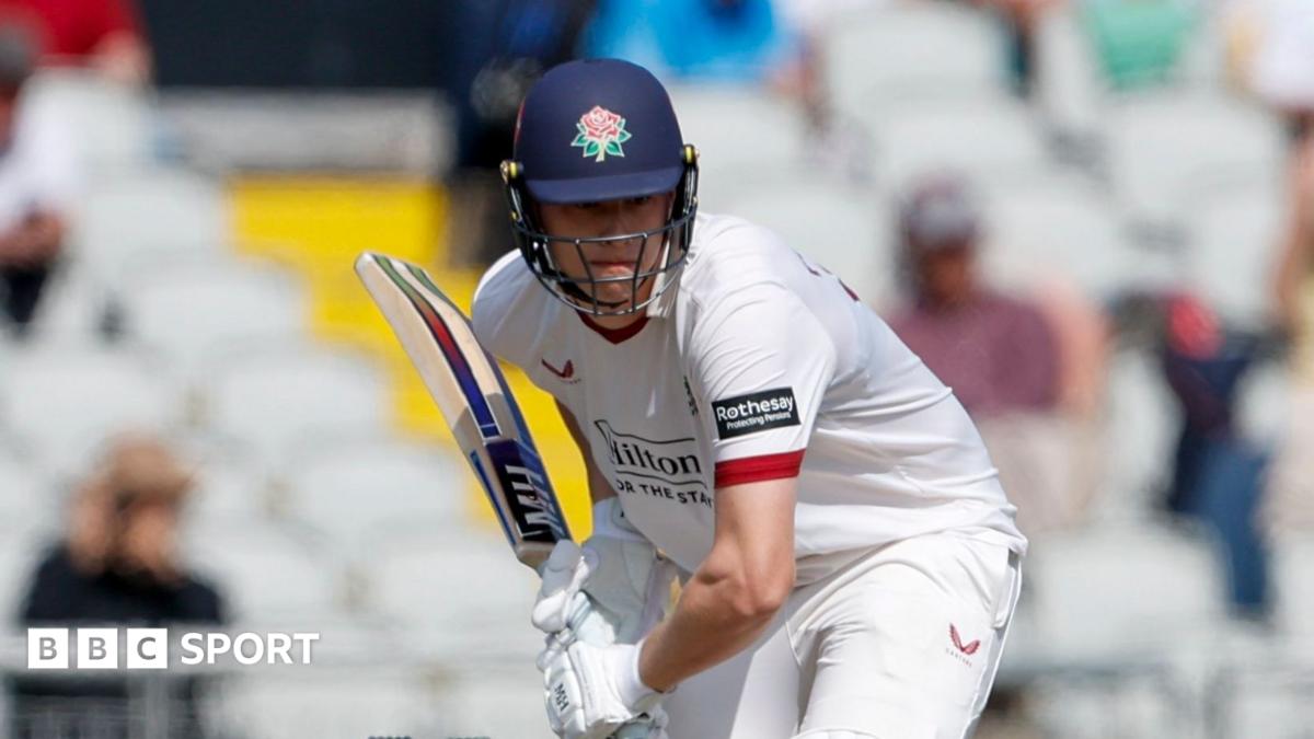 Rocky Flintoff batting for Lancashire at Northants as he prepares to play a front-foot shot