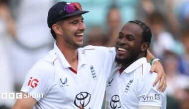 Jofra Archer and Josh Tongue embrace
