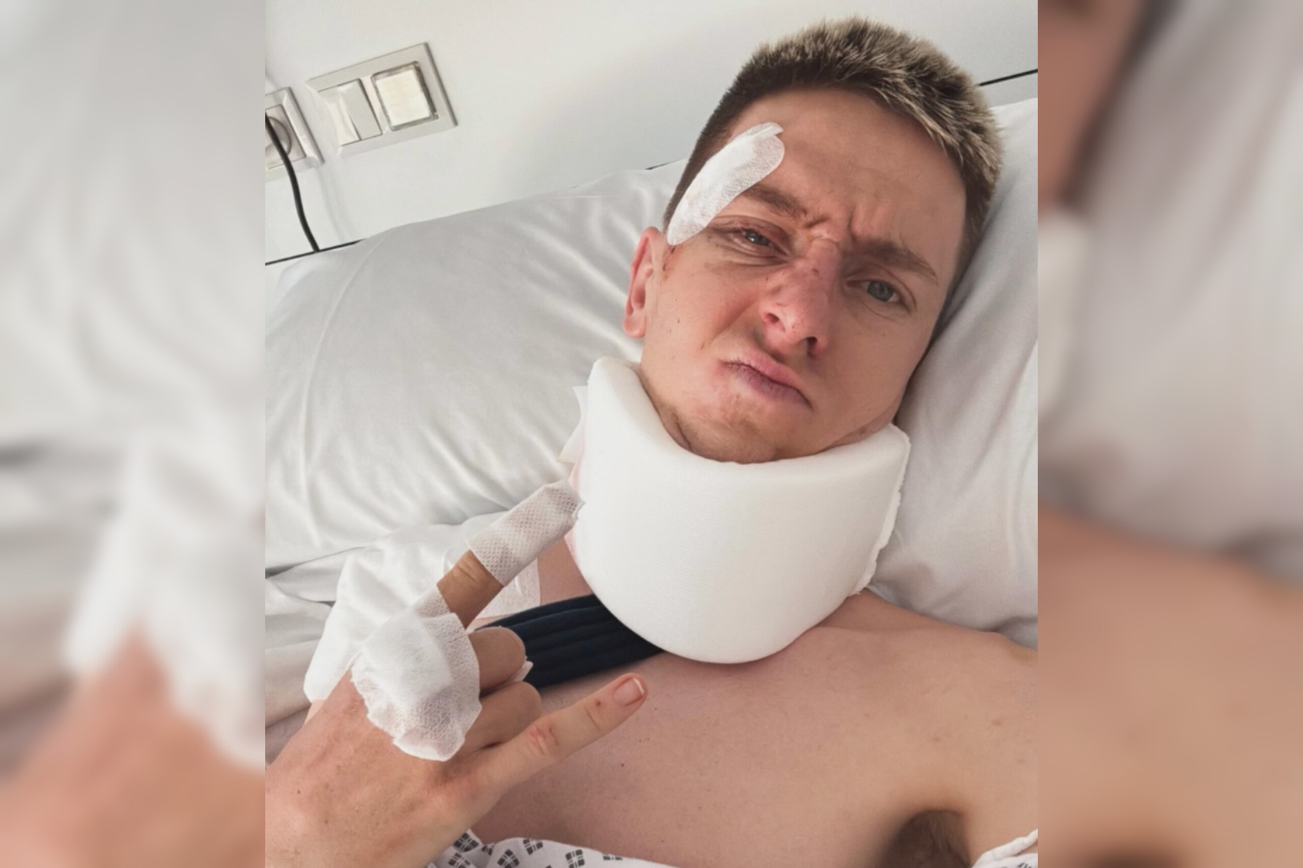 Tadej Pogačar posts an Instagram selfie from his hospital bed in Barcelona following his Vuelta a Espa&ntilde;a crash