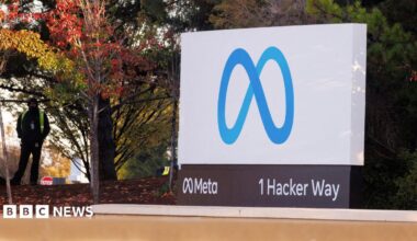The blue Meta logo, which looks like an infinity sign, outside Meta's HQ
