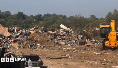 A site with a big pile of dumped waste. There is a yellow digger next to the pile and lots of trees in the background.