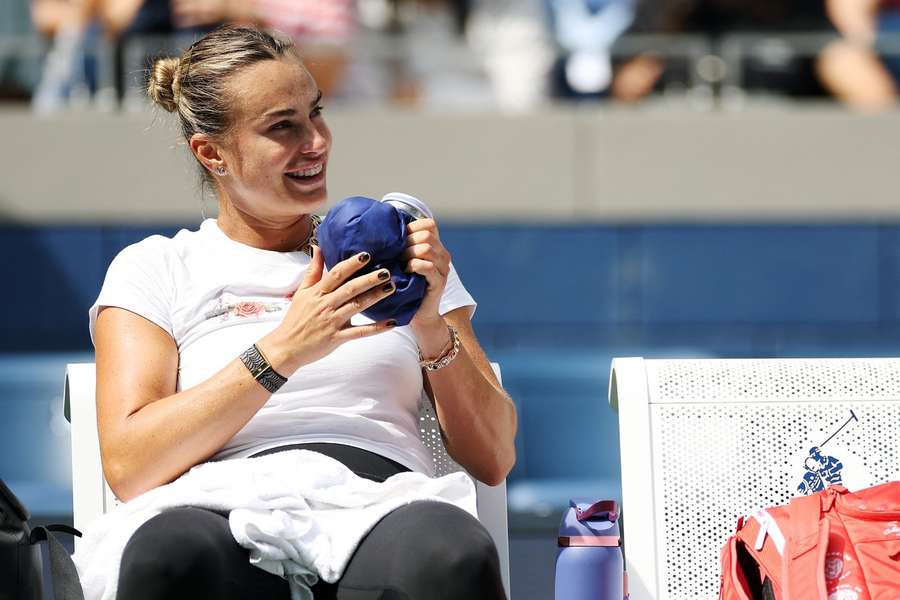 Sabalenka looks on during practice