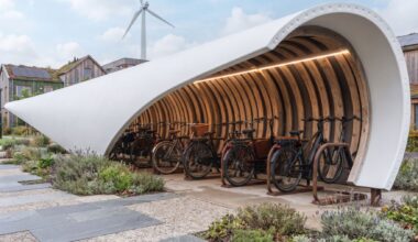 A bicycle shelter cut from a wind turbine blade