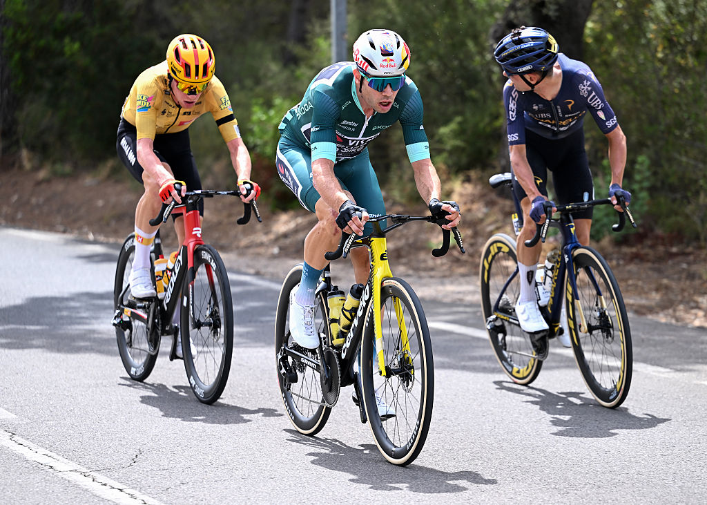 ARAMON VALDELINARES, SPAIN - AUGUST 29: Wout Van Aert of Belgium and Team Visma | Lease a Bike - Green Points Jersey leads the breakaway during the La Vuelta - 81st Tour of Spain 2026, Stage 7 a 149.48m stage from Vall d&amp;apos;Alba to Aramon Valdelinares 1965m / #UCIWT / on August 29, 2026 in Aramon Valdelinares, Spain. (Photo by Tim de Waele/Getty Images)
