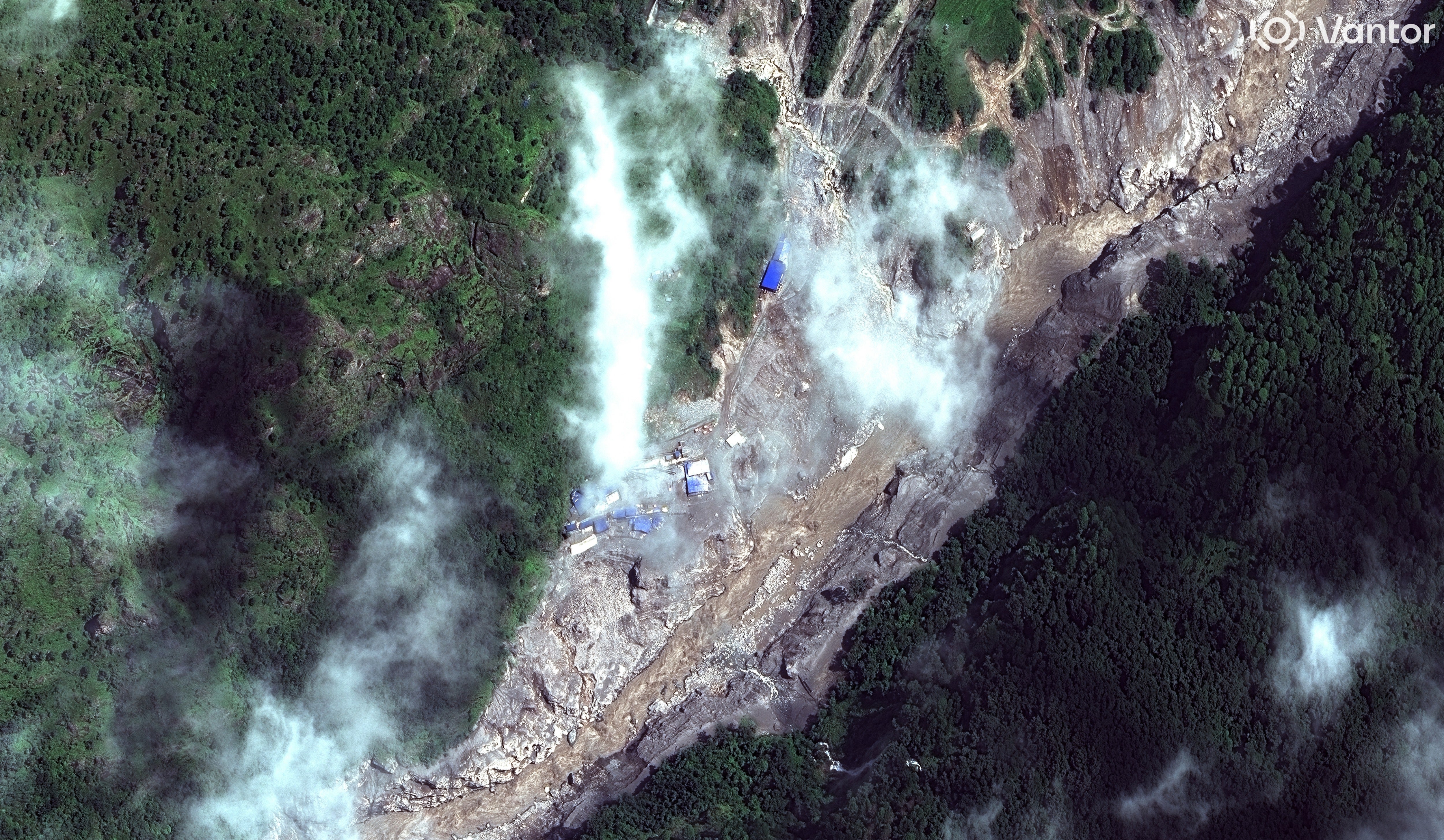 This satellite image provided by Vantor shows the remains of a cement site in Nepal