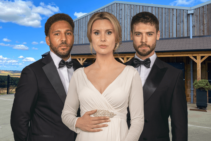 Billy Fletcher and Joe Tate stood either side of Dawn Fletcher, who is cradling her baby bump, in front of the Home Farm stables in key art for Emmerdale