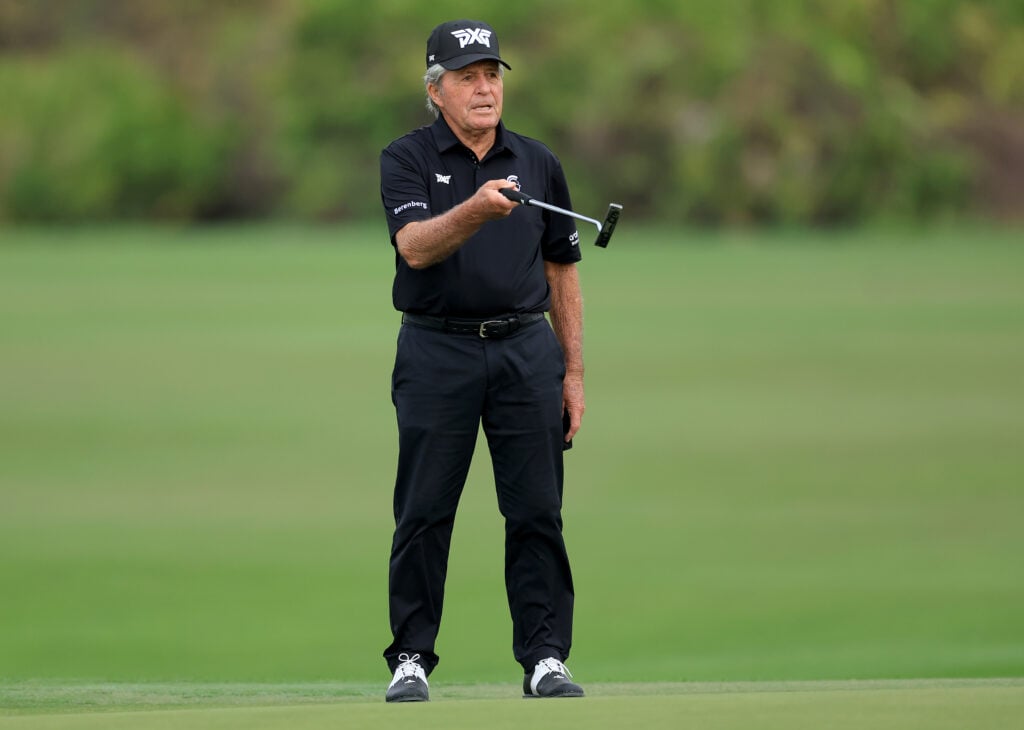 Gary Player of South Africa lines up a putt during the Thursday pro-am as a preview for the 2022 PNC Championship at The Ritz-Carlton Golf Club