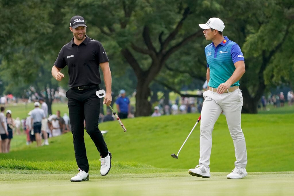 Wyndham Clark and Viktor Hovland during the third round of the BMW Championship at Olympia Fields Country Club