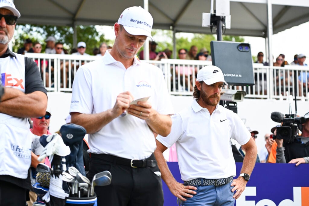 Tommy Fleetwood and Justin Rose on the first tee during the final round of FedEx St. Jude Championship at TPC Southwind