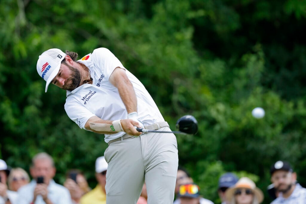 Cameron Young of United States of America hits a tee shot at the fifteenth hole during the final round of the Memorial Tournament