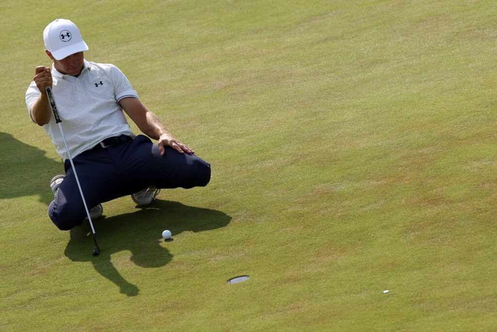 Jordan Spieth lines up a putt on the 7th green on day two of the 154th Open Golf championship at Royal Birkdale