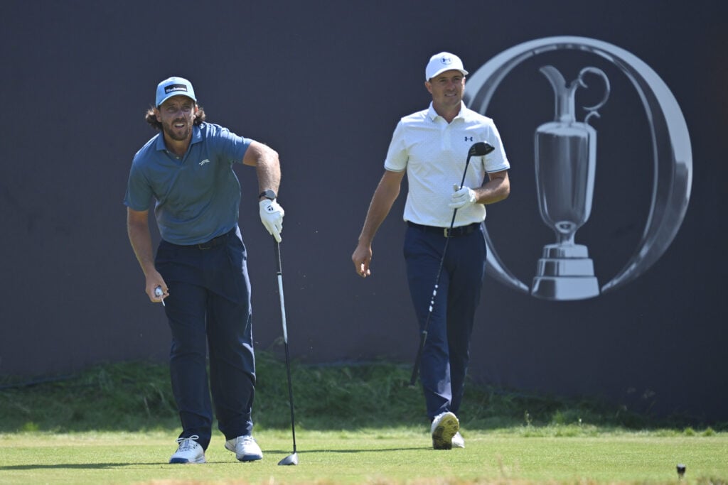 Tommy Fleetwood and Jordan Spieth on the tee during the second round of The Open Championship