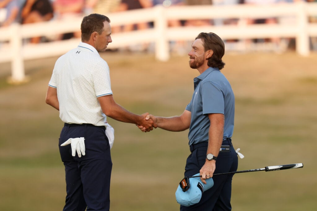 Jordan Spieth and Tommy Fleetwood shake hands at The Open 2026