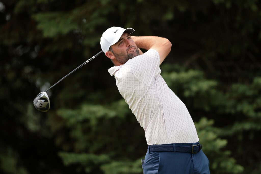 Scottie Scheffler hits a tee shot during the final round of the 3M Open