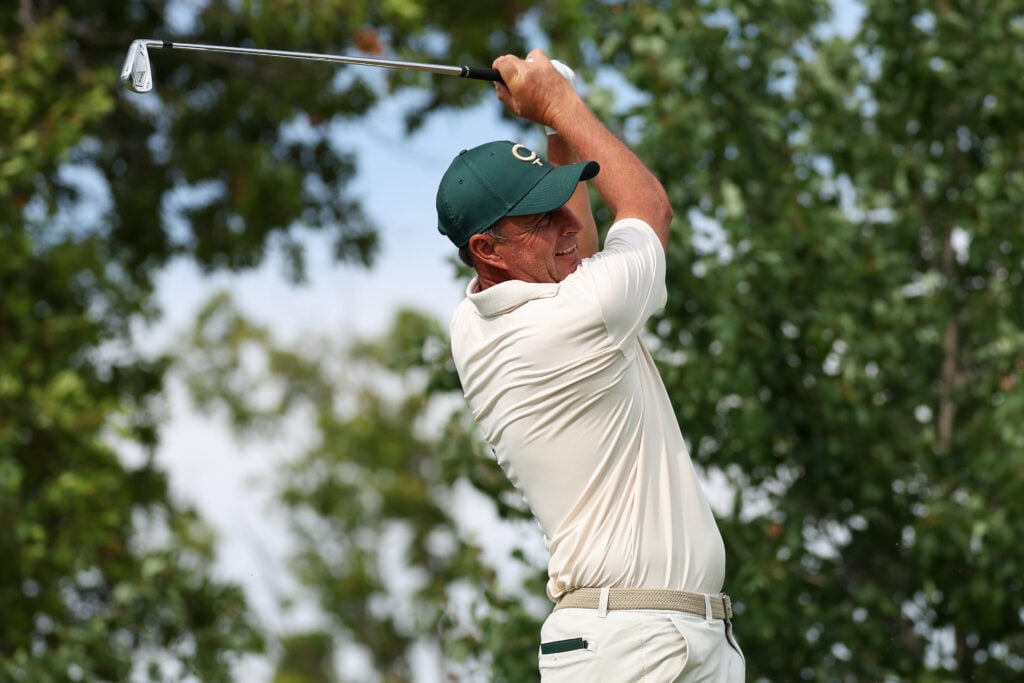Richard Bland plays his tee shot on the 16th hole during day three of LIV Golf New York at Trump National Golf Club