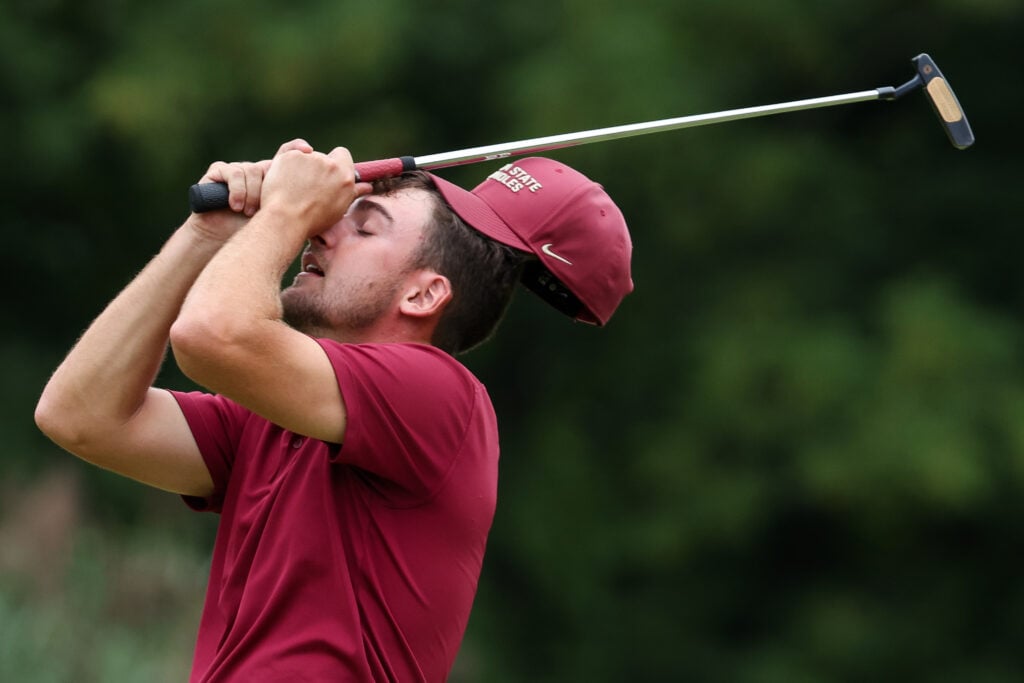 Jack Whaley of England reacts after missing a putt on the 11th hole on day seven of the U.S. Amateur Championship at Merion Golf Club