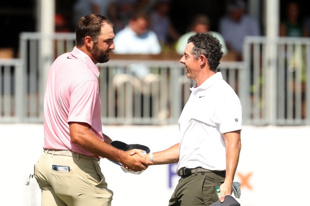 Scottie Scheffler shakes hands with Rory McIlroy after their second round of the FedEx St. Jude Championship 2026 at TPC Southwind