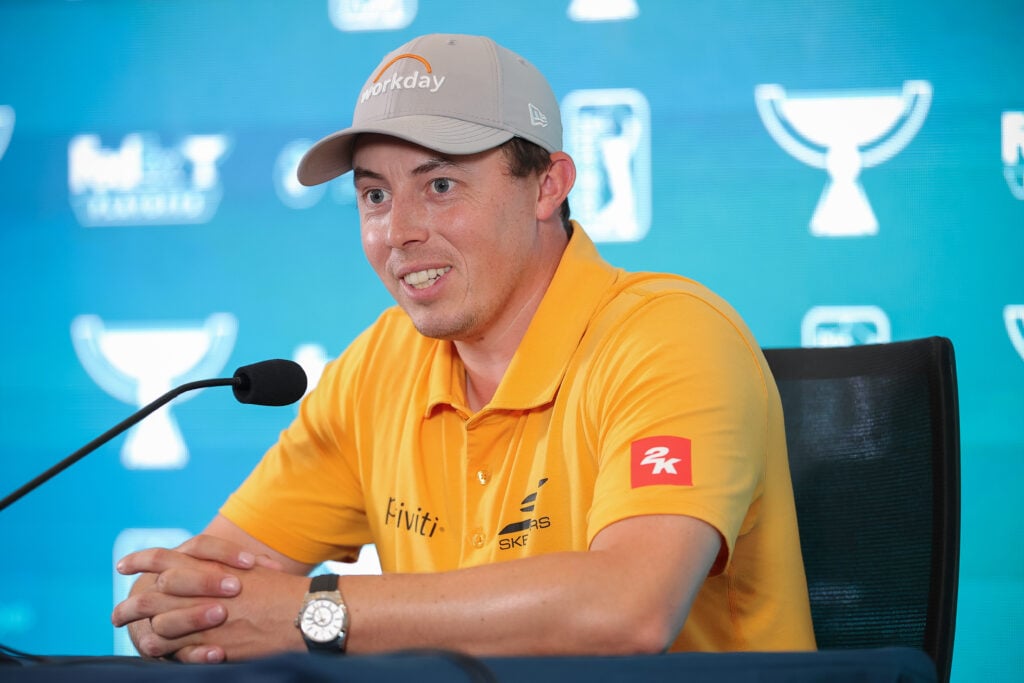 Matt Fitzpatrick of England answers questions during a media conference prior to the BMW Championship 2026 at Bellerive Country Club