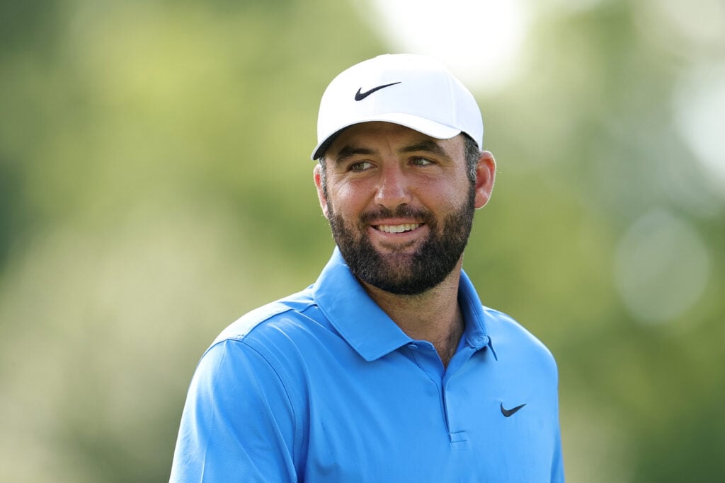 Scottie Scheffler of the United States looks on from the sixth hole prior to the BMW Championship 2026 at Bellerive Country Club