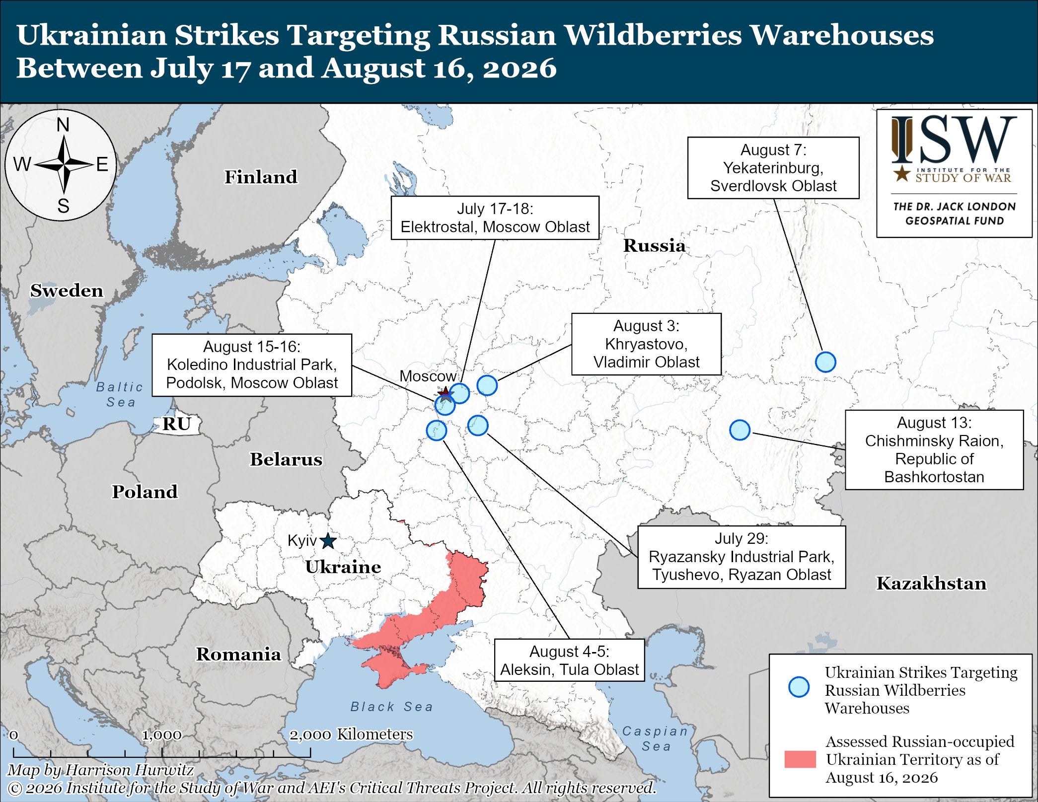 A map showing Ukrainian strikes targeting Russian Wildberries warehouses between 17 July to 16 August