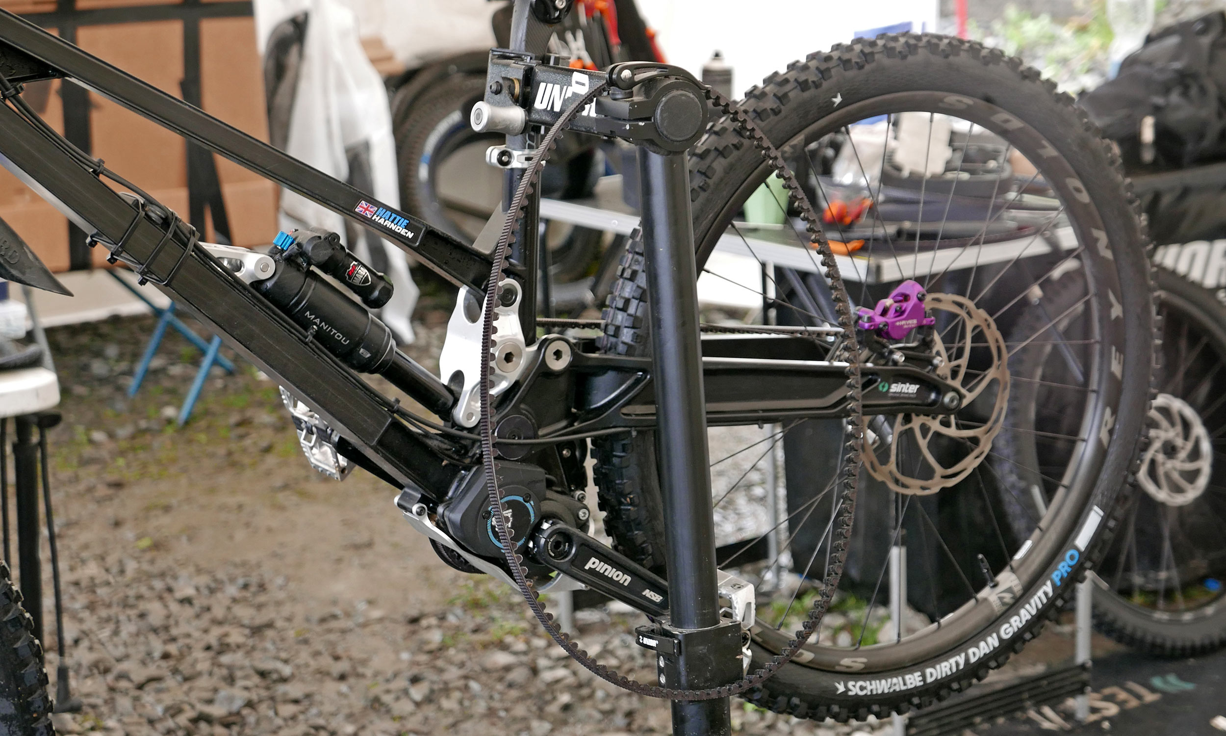 Harriet Harnden of AON Racing prototype Gamux Sego Gates belt-drive gearbox DH bike on 2025 World Cup