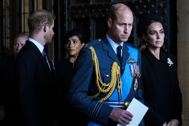 LONDON, ENGLAND - SEPTEMBER 14: Prince William, Prince of Wales, Catherine, Princess of Wales, Prince Harry, Duke of Sussex, and Meghan, Duchess of Sussex leave after escorting the coffin of Queen Elizabeth II to Westminster Hall from Buckingham Palace for her lying in state, on September 14, 2022 in London, United Kingdom. Queen Elizabeth II's coffin is taken in procession on a Gun Carriage of The King's Troop Royal Horse Artillery from Buckingham Palace to Westminster Hall where she will lay in state until the early morning of her funeral. Queen Elizabeth II died at Balmoral Castle in Scotland on September 8, 2022, and is succeeded by her eldest son, King Charles III. (Photo by Emilio Morenatti - WPA Pool/Getty Images)