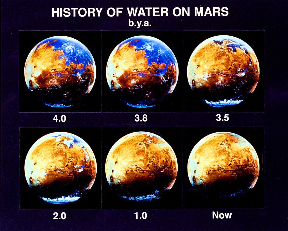 A pictorial history of water on Mars by space artist Michael Carroll. This is based on Viking data and work done at NASA Ames. A study of rover measurements of water-related minerals on the Red Planet shows that water may well have been more widespread than previously thought. Courtesy Michael Carroll, public domain.