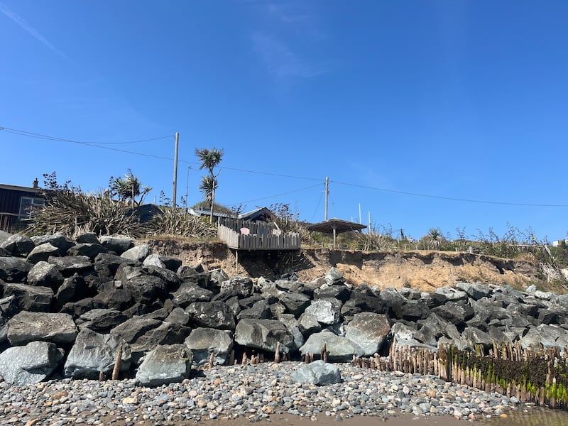 A balcony droops over rock revetments placed on the beach at Rosslare Strand. Photograph: Steven Carroll