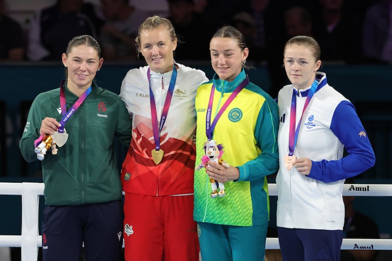 Commonwealth Games silver medallist Kaci Rock alongside champion Sacha Hickey and bronze medallists Elizabet Eve Bryson of Australia and Caitlin Rainey of Scotland. PICTURE: PA