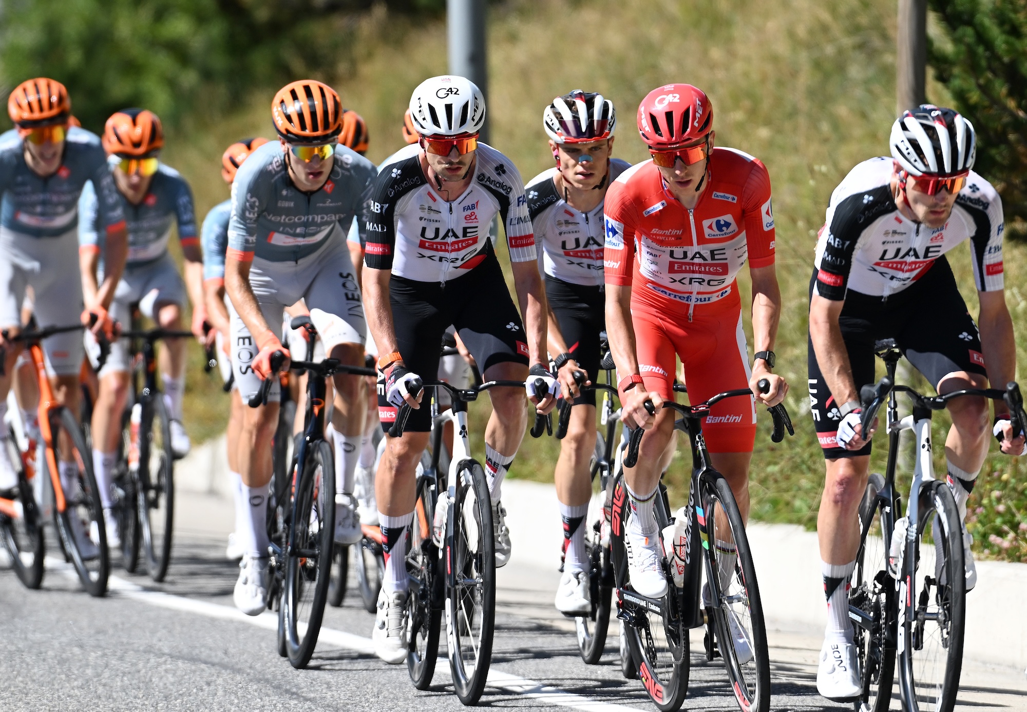 Jay Vine and Tadej Pogačar, in the red leader's jersey, competed at La Vuelta