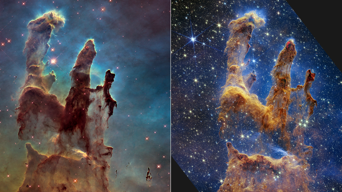 A side by side view of two different versions of the Pillars of Creation. One on the right has more stars visible; one on the left has a more sturdy-looking structure.