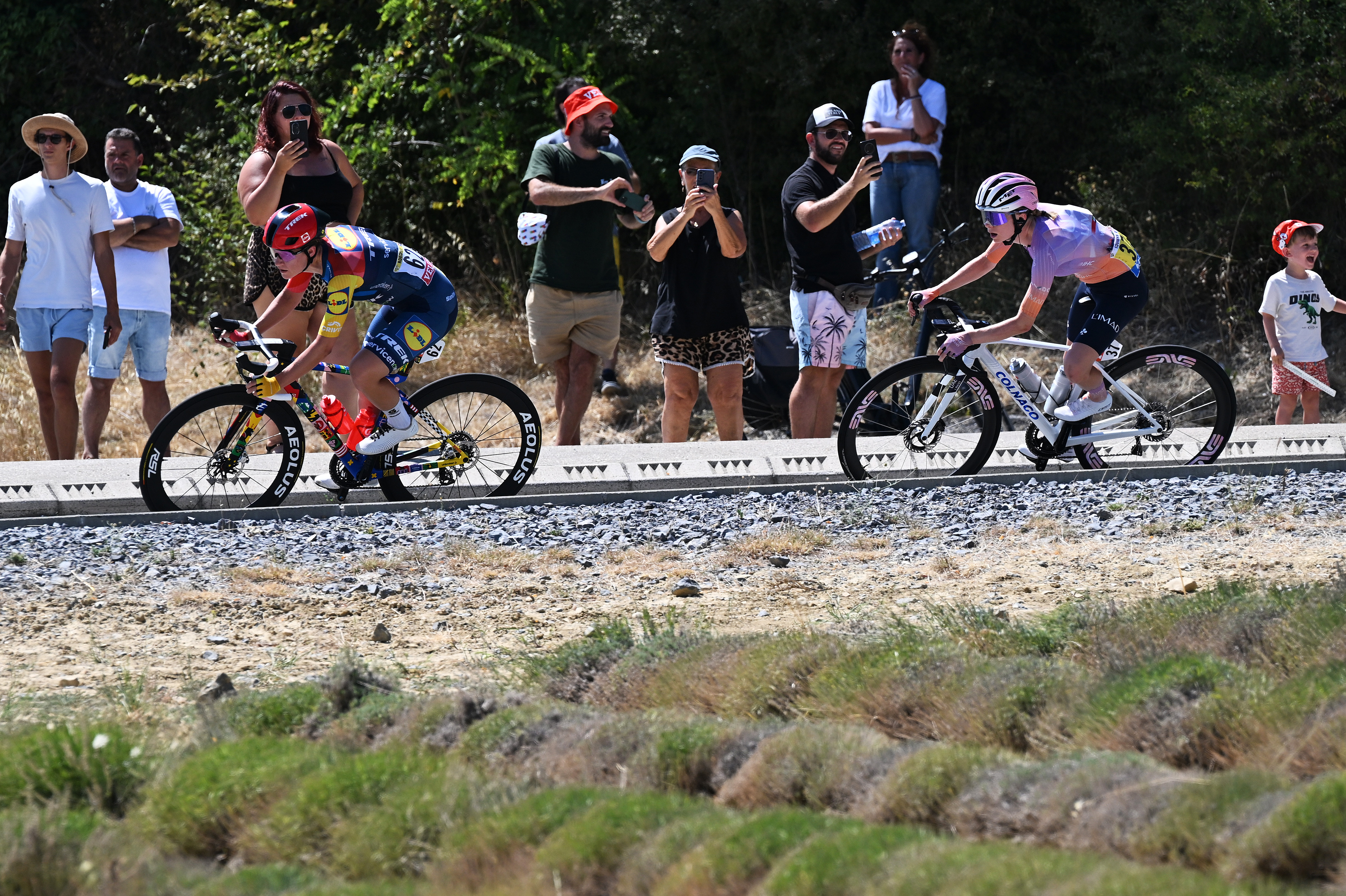NICE, FRANCE - AUGUST 08: (L-R) Loes Adegeest of Netherlands and Team Lidl - Trek and Maeva Squiban of France and UAE Team L&amp;apos;IMAD compete in the breakaway during the 5th Tour de France Femmes 2026, Stage 8 a 171.9km stage from Sisteron to Nice / #UCIWWT / on August 08, 2026 in Nice, France. (Photo by Tim de Waele/Getty Images)