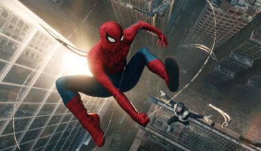 Spider-Man (Tom Holland) swinging through the sky in a still from "Spider-Man: Brand New Day"