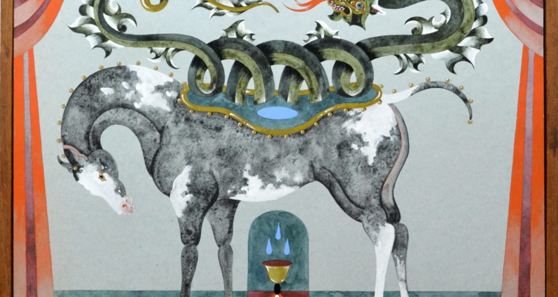 a mystical work by lou benesch featuring a horse sprouting vines and a green dragon