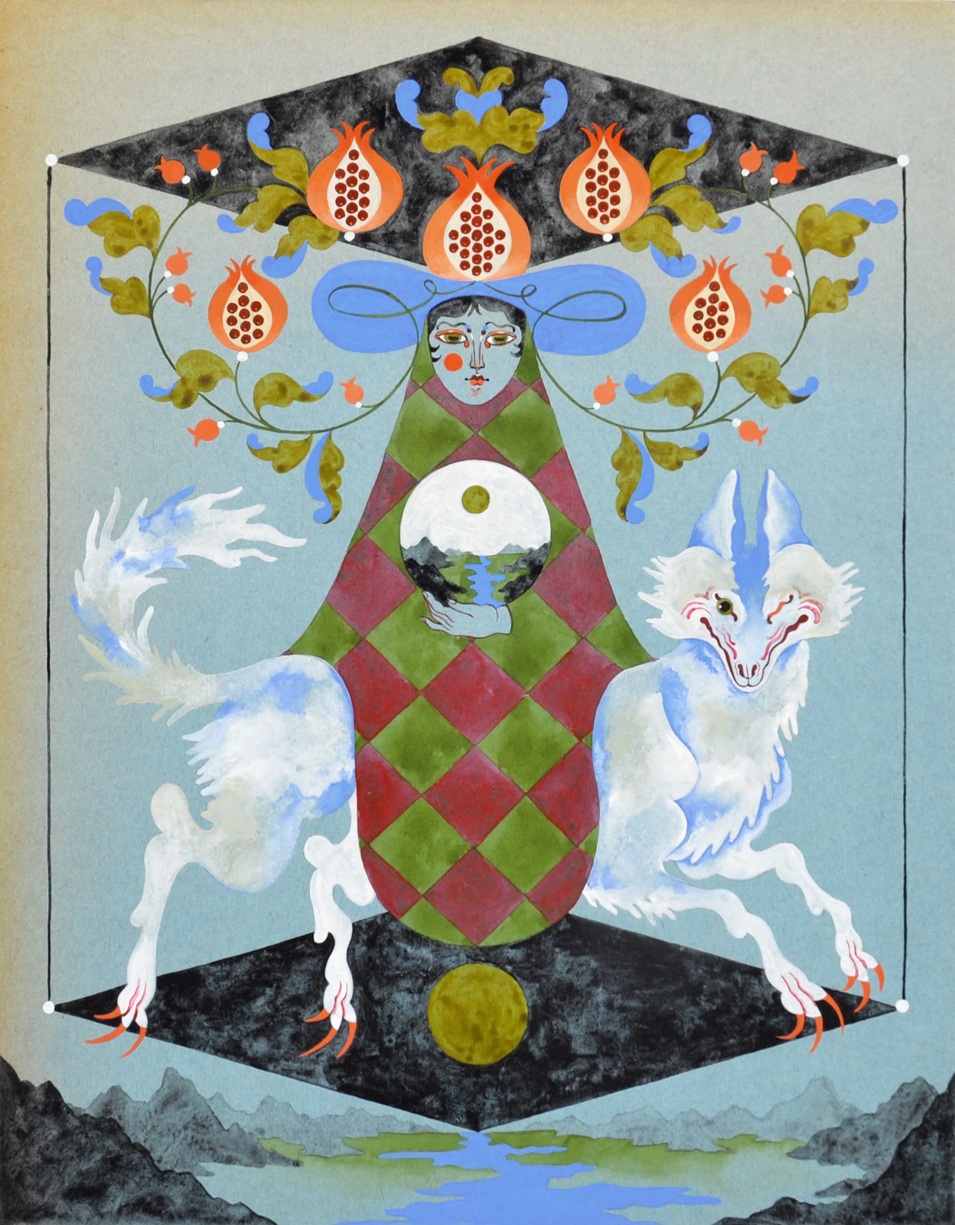 a mystical work by lou benesch featuring a central figure, white furry animal, and flowers