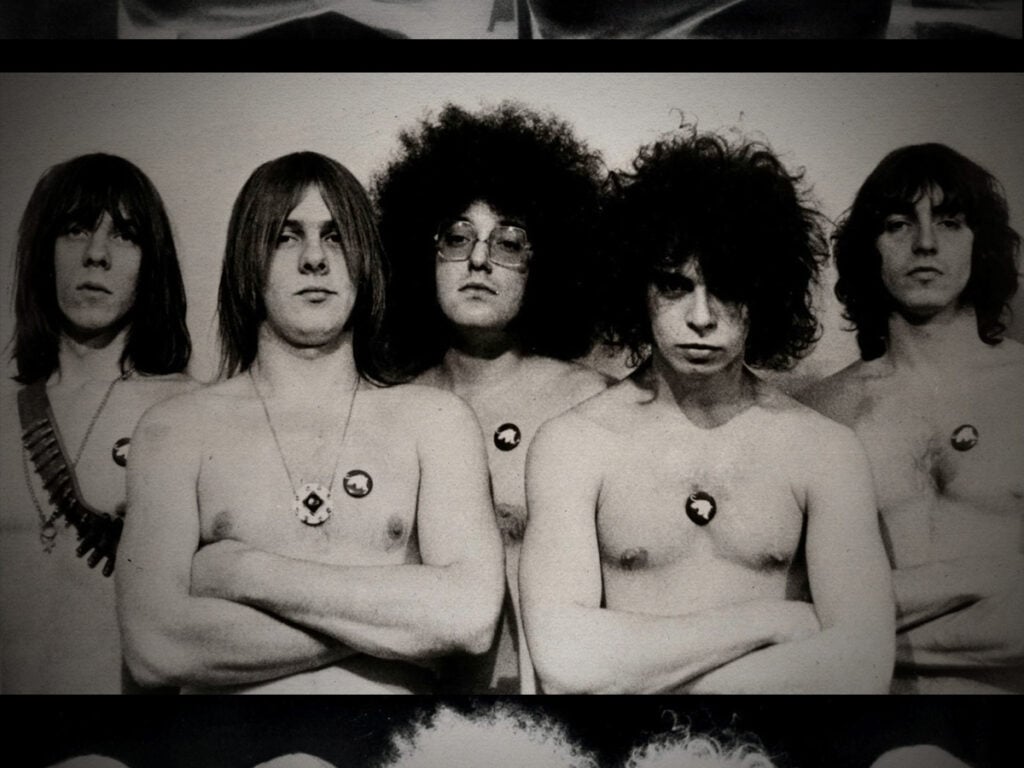The band MC5 posing for a photo, released as a publicity photo in 1969 by Elektra Records.