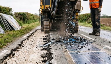 Milling machine removing the solar road surface in Normandy