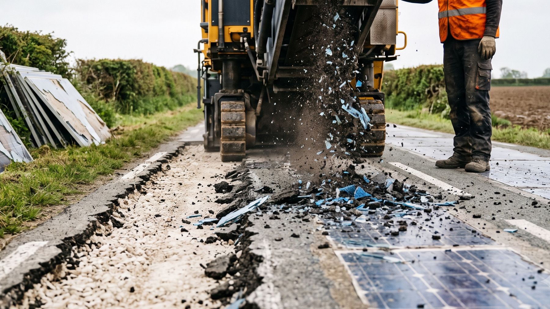 Milling machine removing the solar road surface in Normandy