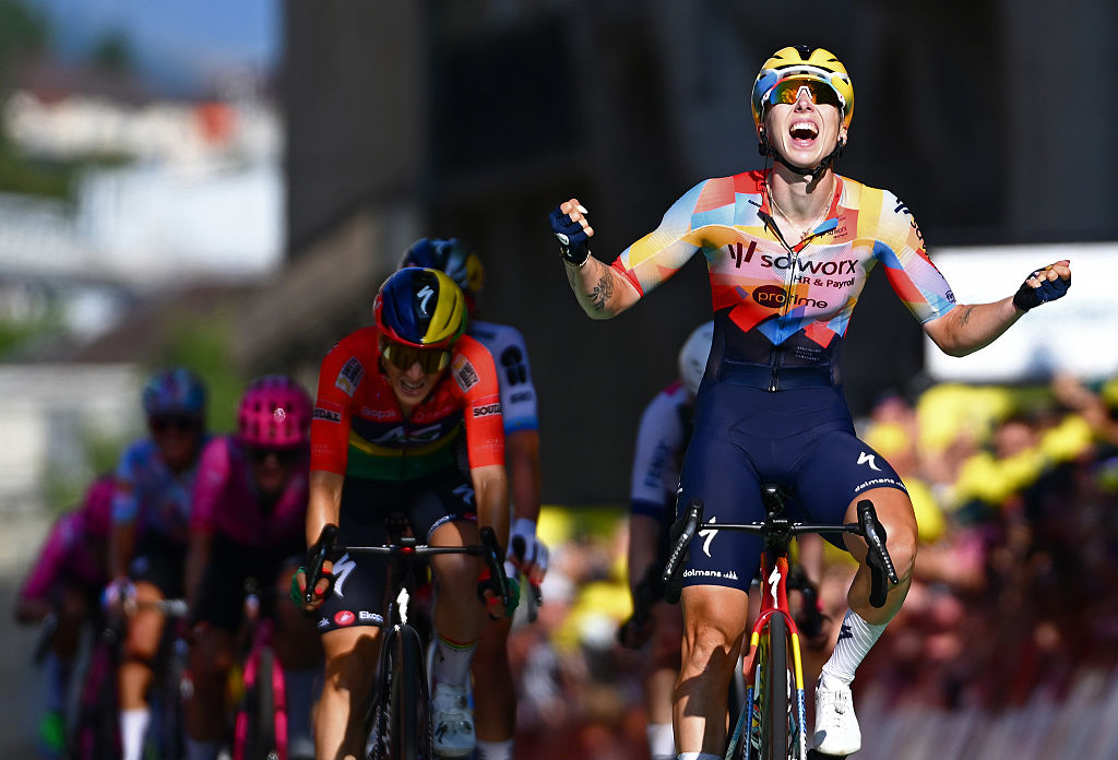 LAUSANNE, SWITZERLAND - AUGUST 01: Lorena Wiebes of Netherlands and Team SD Worx - Protime celebrates at finish line as stage winner during the 5th Tour de France Femmes 2026, Stage 1 a 138km stage from Lausanne to Lausanne / #UCIWWT / on August 01, 2026 in Lausanne, Switzerland. (Photo by Tim de Waele/Getty Images)