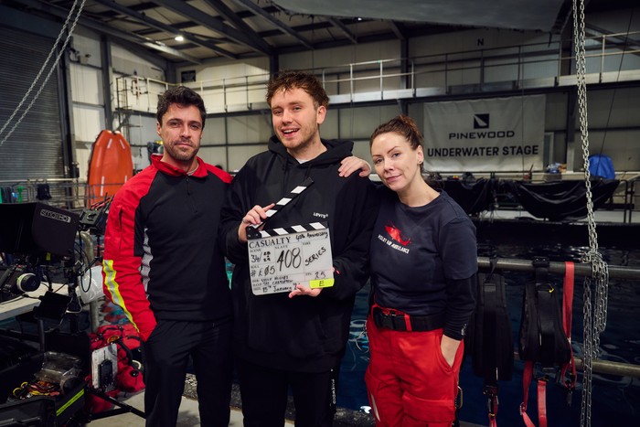 Olly Rix and Elinor Lawless, with RT soaps editor Michael Adams at Pinewood Studios