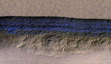 A cross section of buried Martian ice, exposed in bright blue where a steep slope has eroded away. HiRISE on Mars Reconnaissance Orbiter caught this one at 56 degrees south, the right latitude for ice, the wrong one for astronauts (Credit : NASA/JPL-Caltech/UA/USGS)