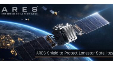 illustration of two boxy satellites orbiting earth