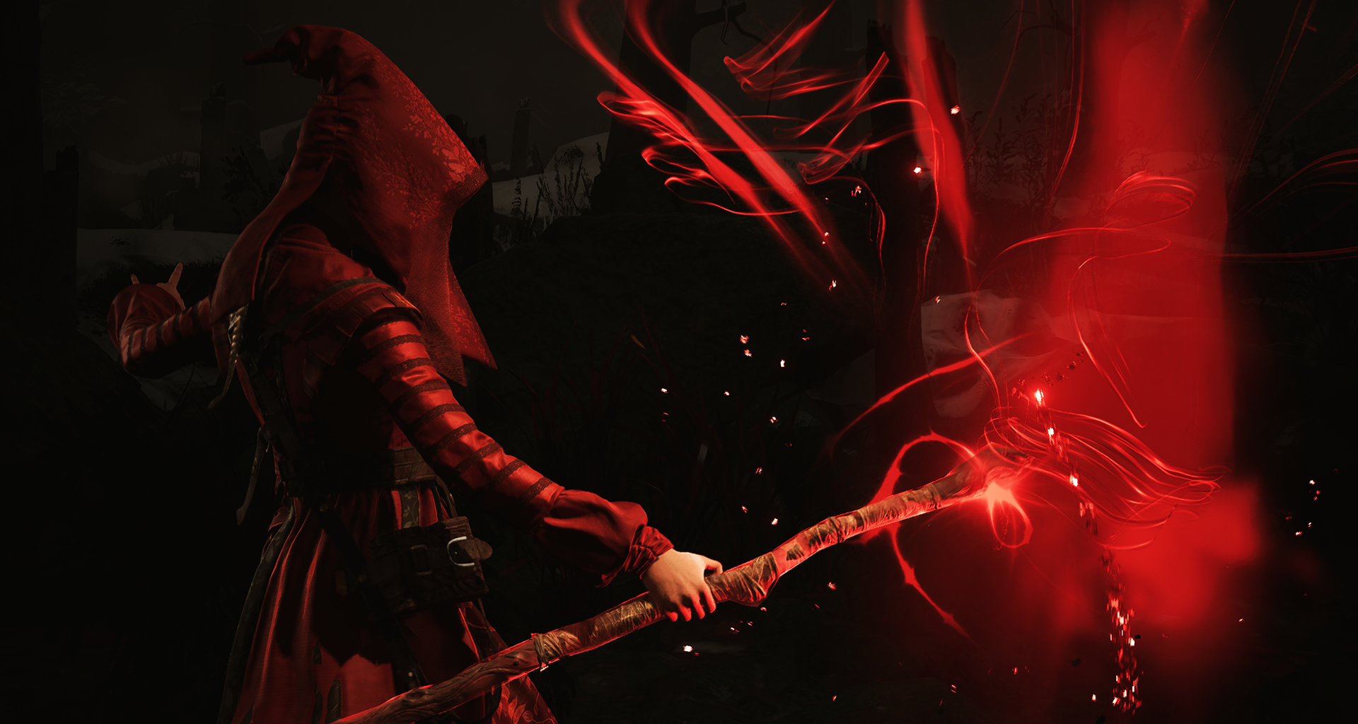 Noa releases red tendrils of magic from her staff