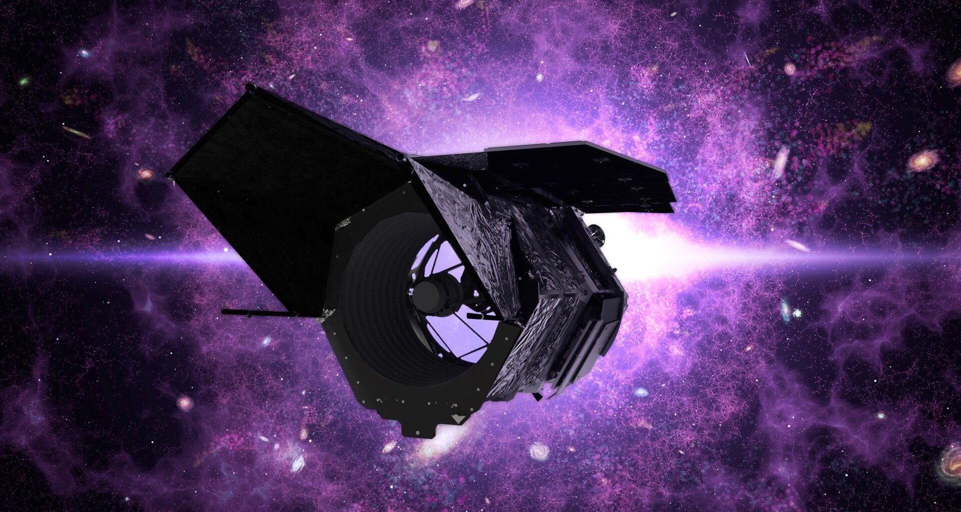 An illustration of the Nancy Grace Roman Space Telescope in deep space. It looks like a dark metal cylinder with a dark purple background of space.