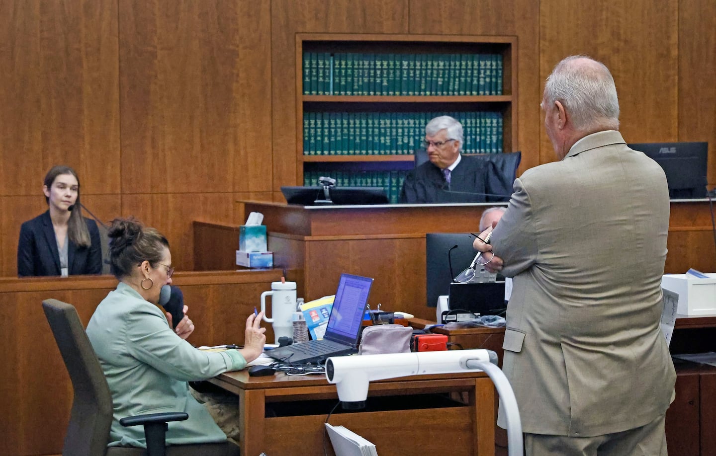 Defense attorney Kevin Reddington cross examines Dr. Jennifer Tufts who treated Lindsay Clancy during Clancy's murder trial at Plymouth Superior Court in Plymouth, Mass., Monday, Aug. 10, 2026.