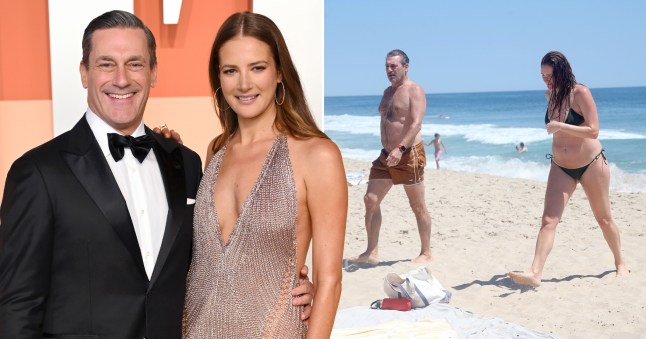 A split image of Jon Hamm and Anna Osceola on a red carpet and also walking along a beach.