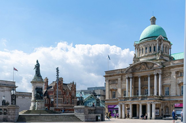Hull, UK - 12 May 2019: Exterior of Hull City Hall located in Queen Victoria Square, city centre. The grand central hall hosts many concerts and the building houses the main tourist information office; Shutterstock ID 1443450689; purchase_order: -; job: -; client: -; other: -