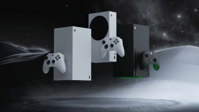 Xbox Series X and S consoles floating together in front of a black and white background