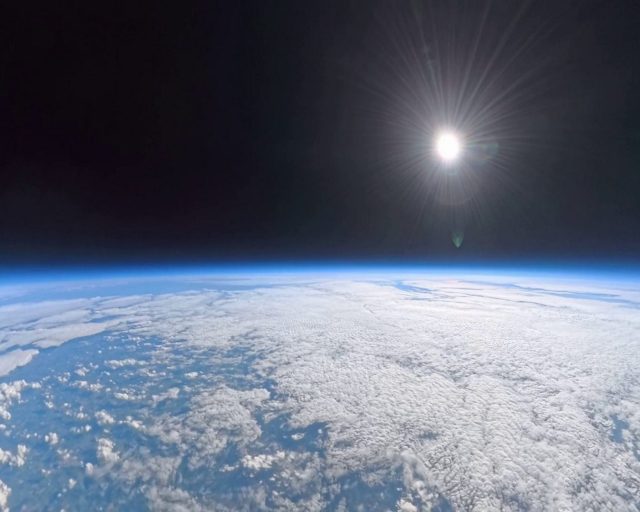 The balloon taking off and rising into space. // A dog's ashes were launched 119,000ft and scattered in space. Oscar, a six-year-old French bulldog who died suddenly from a brain tumour earlier this year, has been given one final adventure after his ashes were sent to the edge of the atmosphere in a weather balloon. His favourite Toy Story alien plush and a pet GPS tracker travelled to the edge of Earth's atmosphere in a weather balloon tribute on May 7, 2026. His owner, Jacob Battersby, 26, from Stockport, and friend Callum King, 26, from Rugby, launched the balloon from Rugby, Warwickshire.
